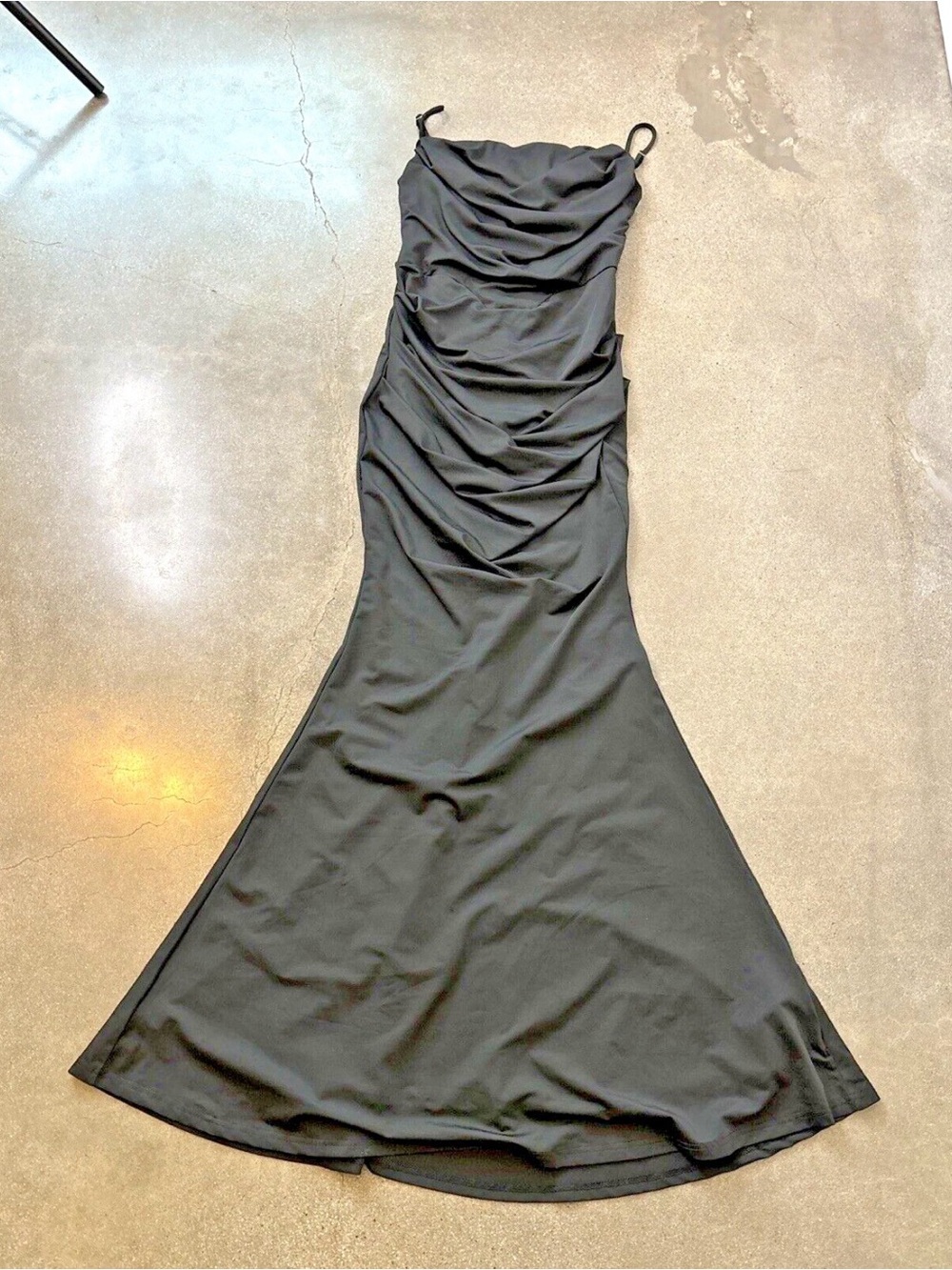 Long Black Ruched Slip Dress with Spaghetti Straps